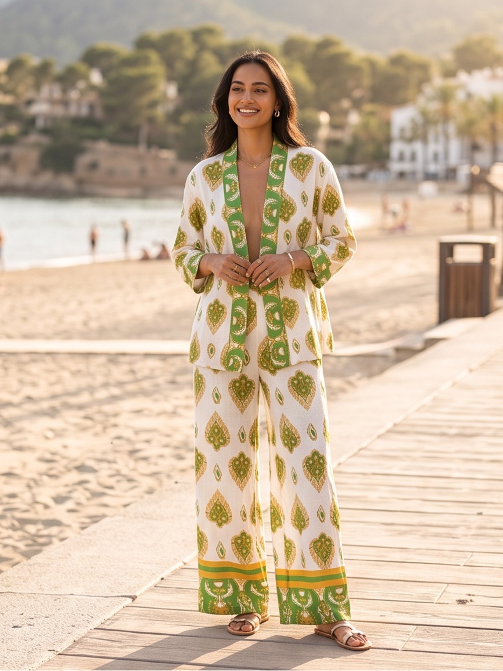 Haute Hippie Women’s White, Green & Gold Printed Linen Wide-Leg Pant Set - Picture 2 of 9
